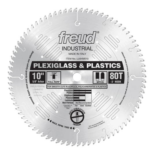 Freud, LU94M010 10'' Plexiglass / Plastic 80 Tooth Cutting Saw Blade 5/8'' Arbor