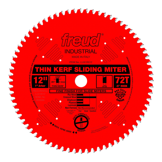 Freud, LU91R012 12"-72 Tooth ATB Thin Kerf Sliding Miter Saw Blade with 1" Arbor