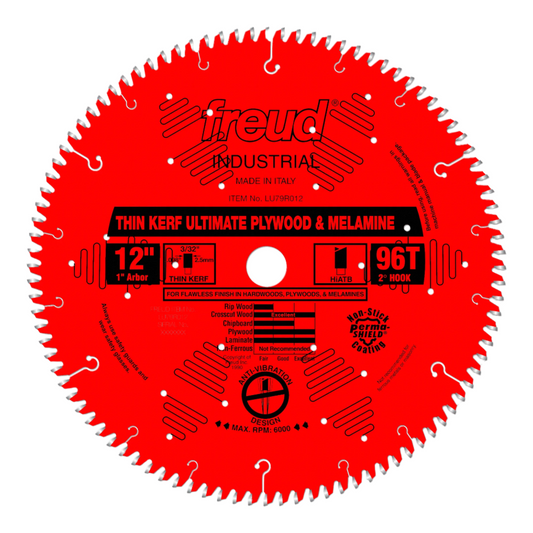Freud LU79R012 Lame de scie pour contreplaqué et mélamine à trait fin ultime 12 pouces X 96t Hi-ATB arbre de 1 pouce revêtement Perma-Shield 24041