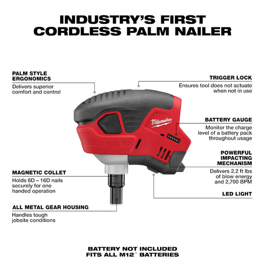 Milwaukee, 2458-20 M12 Palm Nailer