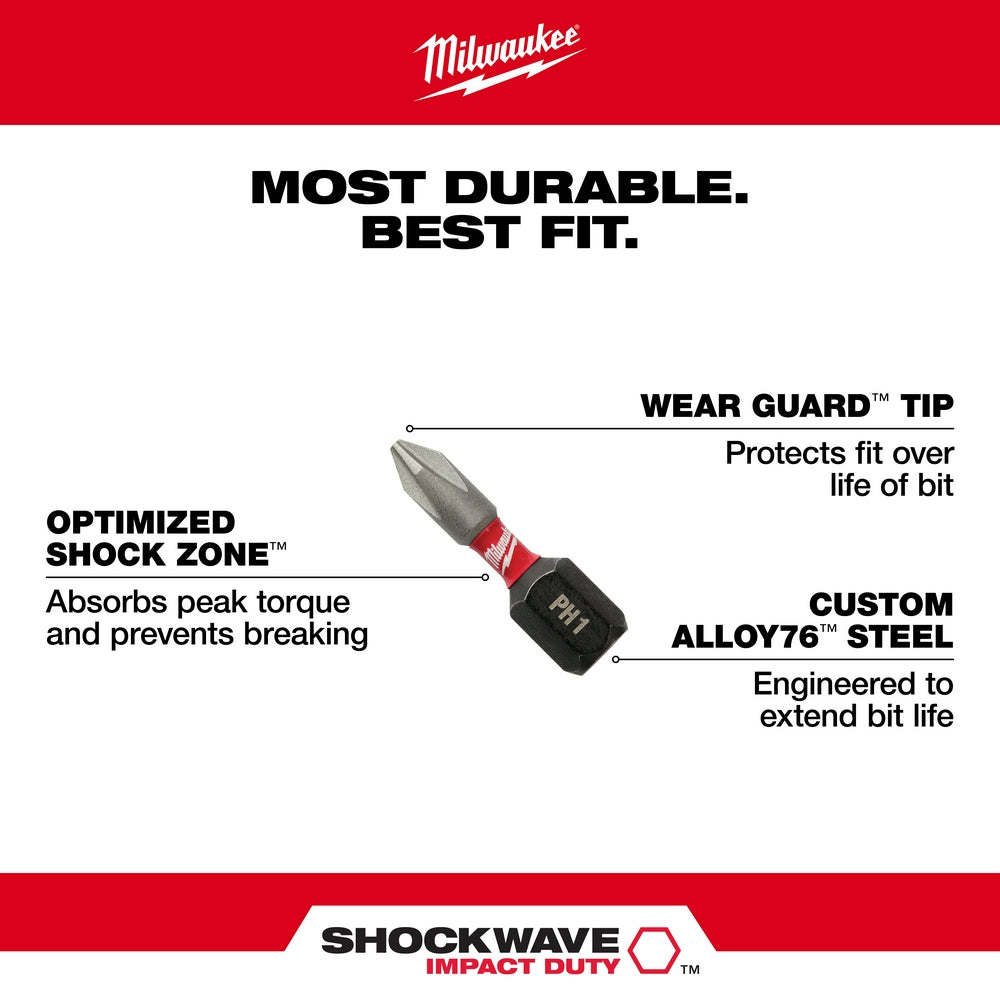Milwaukee, 48-32-4421 Square Recess #1 SHOCKWAVE Impact Insert Bits - 2 Pack