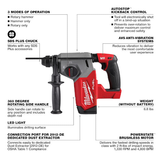 Milwaukee, 2912-20 M18 Fuel 18V 1" SDS Plus Cordless Rotary Hammer (Tool Only)