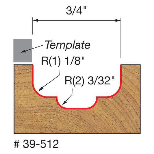 Freud, 39-512 1/8'' & 3/32 Radius Top Bearing Double Cove Groove Router Bit 1/4'' Shank