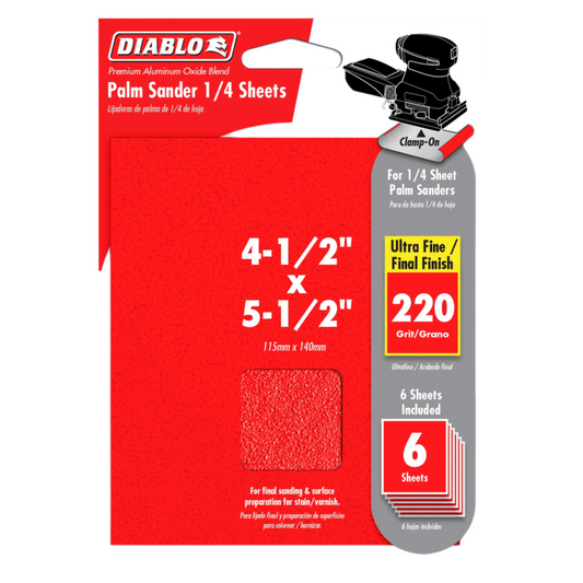 Diablo, DCS045220S06G 4-1/2" x 5-1/2" Palm Sander 1/4 Sheet 220 Grit - 6pk
