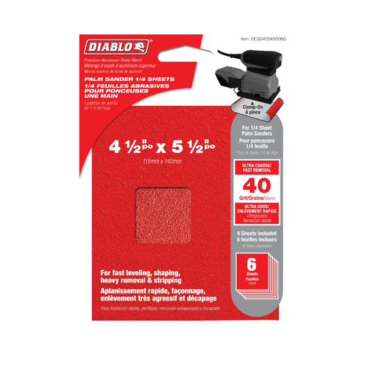 Diablo, DCS045040S06G 4-1/2'' x 5-1/2'' Palm Sander 1/4 Sheet 40 Grit - 6pk