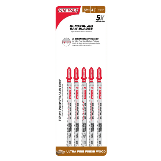 Diablo, DJT308BFP5 Bi-Metal T-Shank Jig Saw Blades for Ultra Fine Finish Cuts in Wood 5 PK