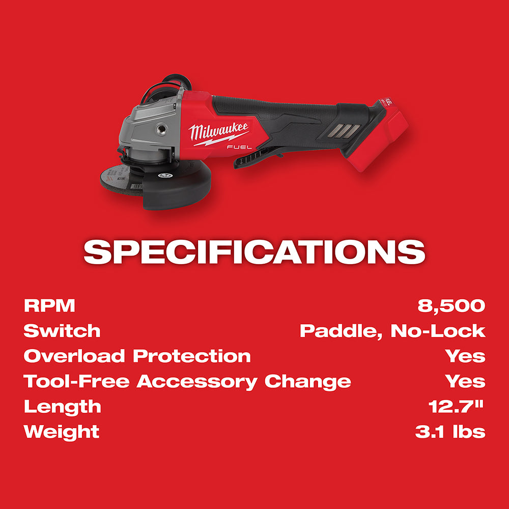 Milwaukee® 2880-20 M18 FUEL 18 Volt Lithium-Ion Brushless Cordless grinder 4-1/2 in. / 5 in. Grinder Paddle Switch, No-Lock