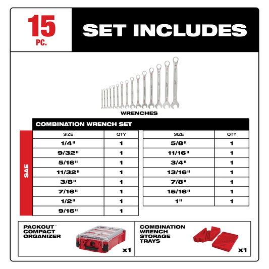 Milwaukee, 48-22-9484 15pc SAE Combination Wrench Set With PACKOUT Compact Organizer