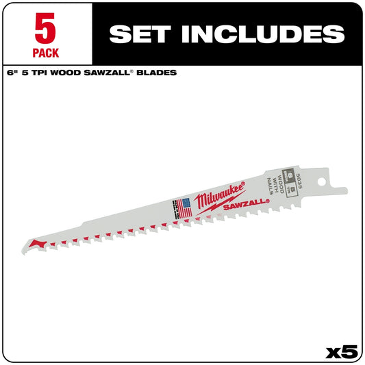 Milwaukee, 48-00-5035 6 in. 5 TPI SAWZALL Blades (5 pk)
