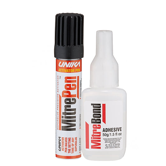 MitreBond Glue 50g Bottle and Pen Activator Adhesive Glue Sets Quickly