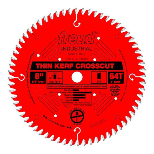 Freud LU74R008 Lame de scie à trait fin ATB 8" 64 dents avec arbre de 5/8" avec revêtement PermaShield 24043