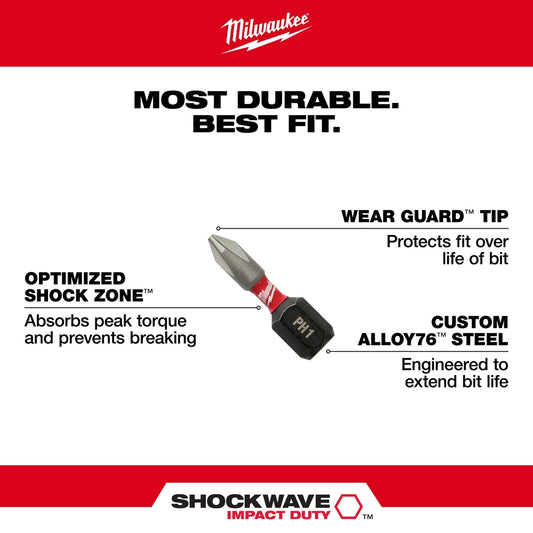 Milwaukee, 48-32-4412 #2 Phillips SHOCKWAVE 1" Insert Bits (2pk)