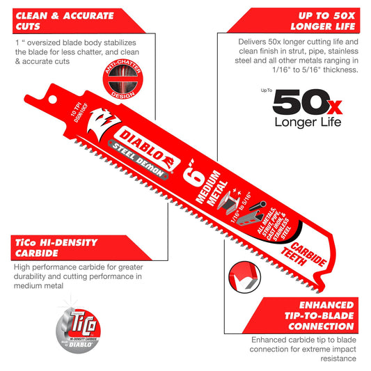 Diablo, DS0910CFC 9" 10 Tooth Medium Metal Carbide Tip Reciprocating Saw Blade