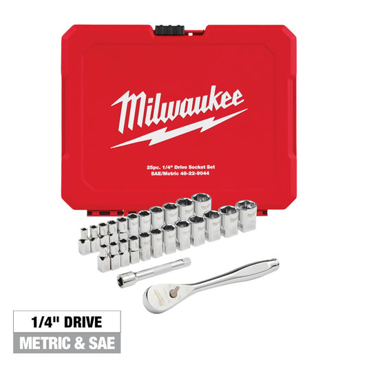 Milwaukee, 48-22-9044 1/4" Drive Metric & SAE Ratchet and Socket Set (25 pc)