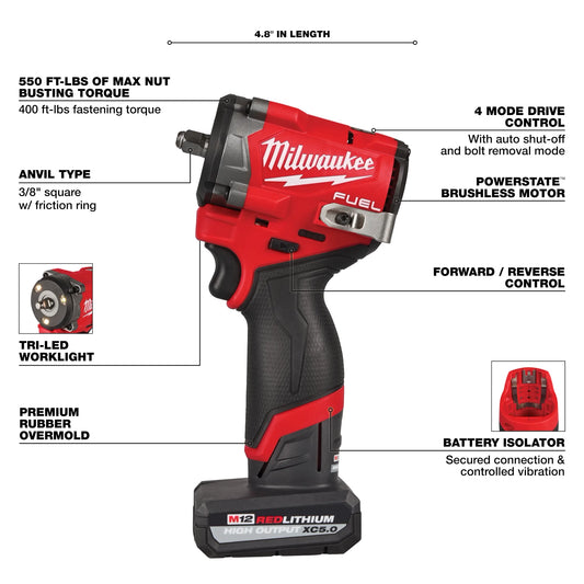Milwaukee, 2562-21 M12 FUEL Stubby 3/8" Impact Wrench Kit