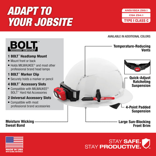 Milwaukee, 48-73-1201 BOLT™ Full Brim White Hard Hat w/4pt Ratcheting Suspension (USA)