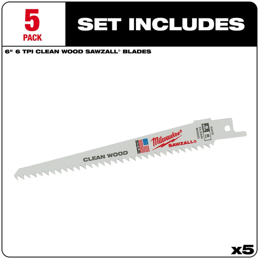 Milwaukee. 48-00-5015 6 in. 6 TPI Fleam Ground SAWZALL Blades - 5 Pack