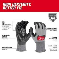 Milwaukee High Dexterity Gloves, Size X-Large, 18 Gauge, Polyurethane Coated, Polyethylene Shell, ANSI/ISEA 105 Level 4