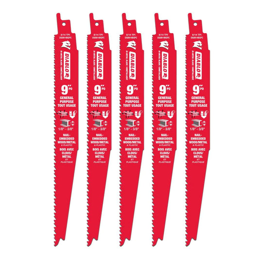 Diablo, DS0914BGP5C 9" 8/14 Tooth Multi Purpose Reciprocating Saw Blades 5 Pack