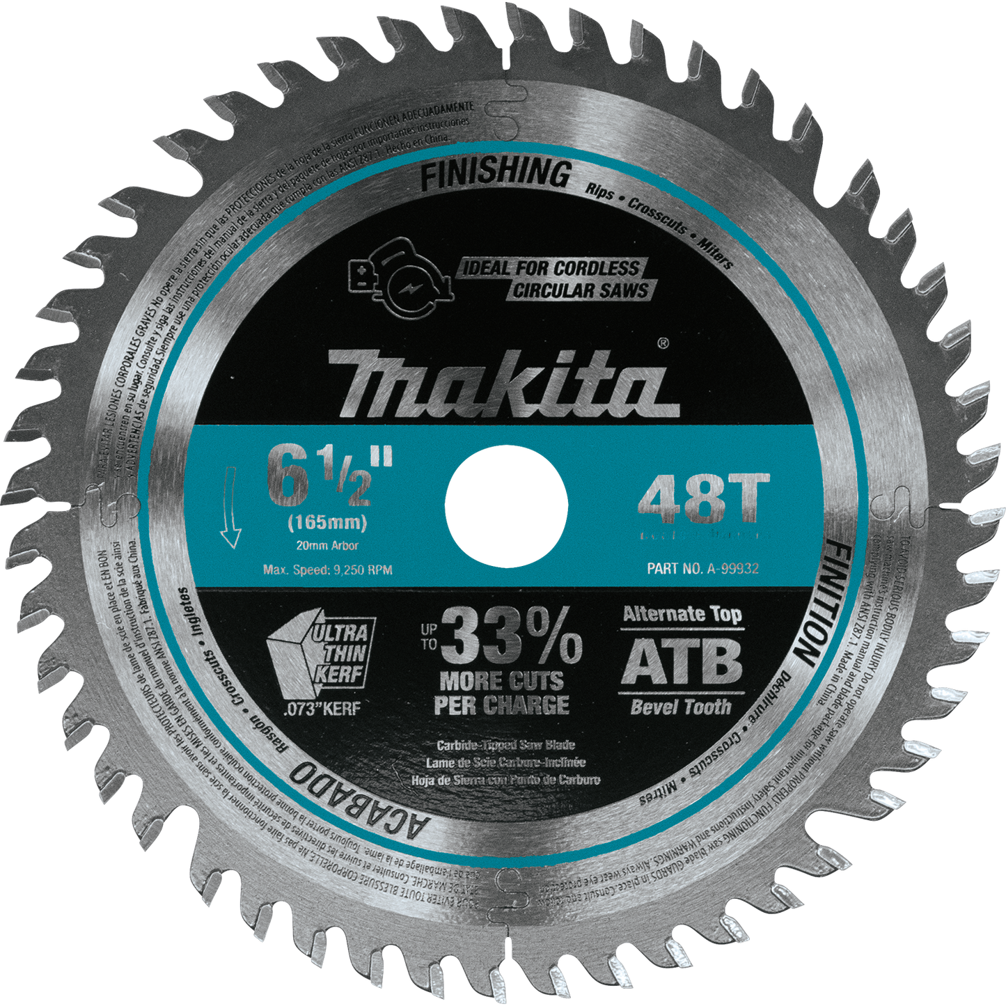 Makita, A-99932 6-1/2'' 48T Carbide -Tipped Cordless Plunge Saw Blade