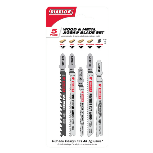 Diablo, DJT5S High Carbon Steel/High Speed Steel T-Shank Jig Saw Blade Set for Wood & Metal 5 Pc