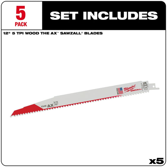 Milwaukee, 48-00-5027 12 in. 5 TPI The Ax SAWZALL Blade (5pk)