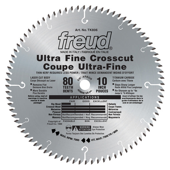 Freud, TK806 10'' Thin Kerf 80 Tooth Ultra Fine Crosscut Blade