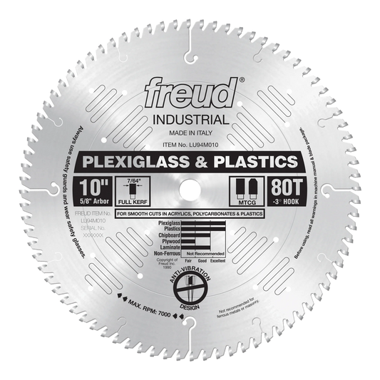 Freud, LU94M010 10'' Plexiglass / Plastic 80 Tooth Cutting Saw Blade  5/8'' Arbor