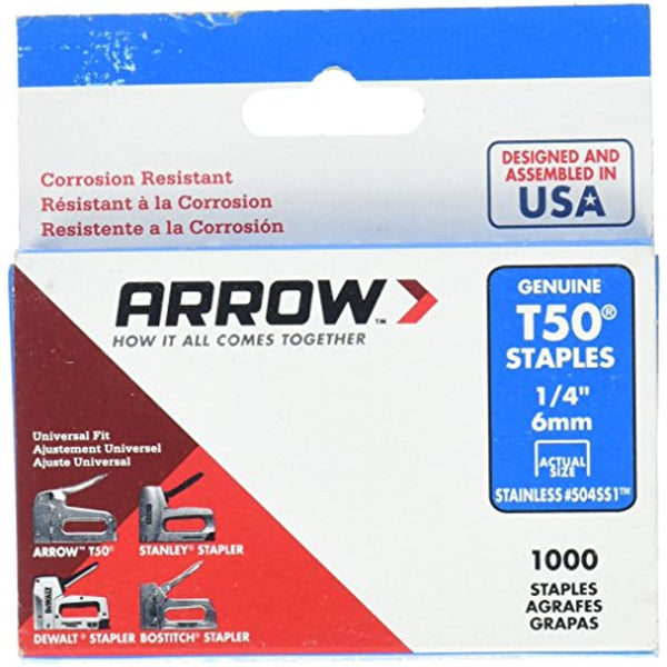 Arrow, 504SS1 Stainless Steel T50 Staples (1/4'')