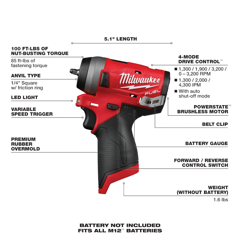 Milwaukee, 2552-20 M12 1/4" Stubby Impact Wrench