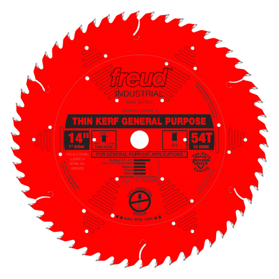 Freud LU86R014 14'' 54 Tooth ATB Thin Kerf General Purpose Saw Blade with 1'' Arbor and PermaShield Coating