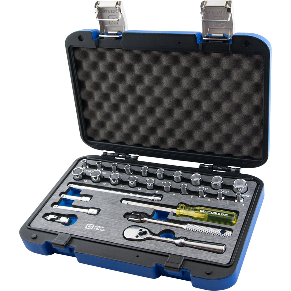 Gray Ratchet and Socket Set, 15027SH 1/4-inch Drive SAE and Metric w/ Attachments 27pc 15027SH