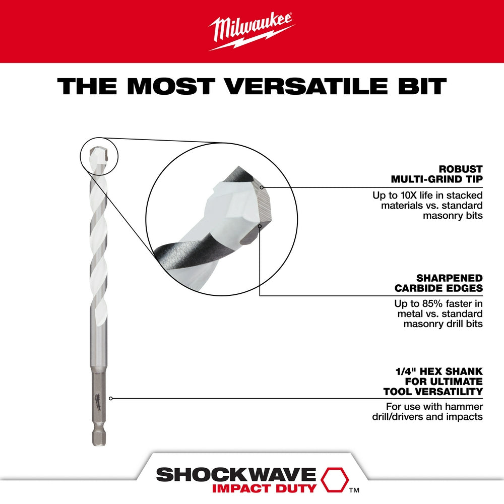 Milwaukee, 48-20-8884 3/16 in. SHOCKWAVE Carbide Multi-Material Drill Bit