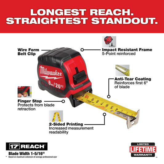 Milwaukee, 48-22-0226 8M/26Ft Wide Blade Tape Measure