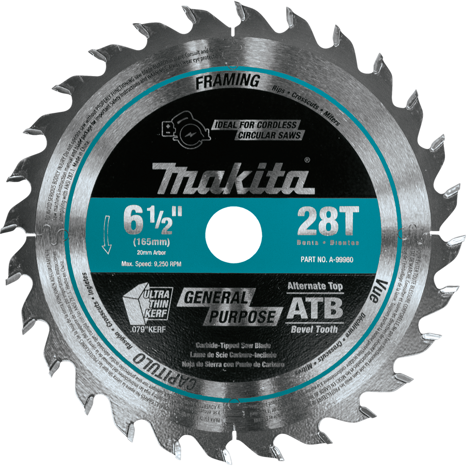 Makita, A-99960 Lame de scie plongeante sans fil à pointe de carbure 6 1/2'' 28T 10005