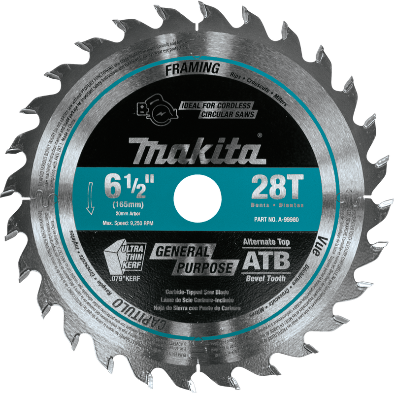 Makita, A-99960 6 1/2'' 28T Carbide Tipped Cordless Plunge Saw Blade