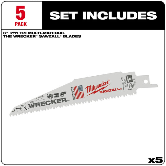Milwaukee, 48-00-5701 The WRECKER Multi-Material SAWZALL Blade 6" 7/11 TPI 5pk