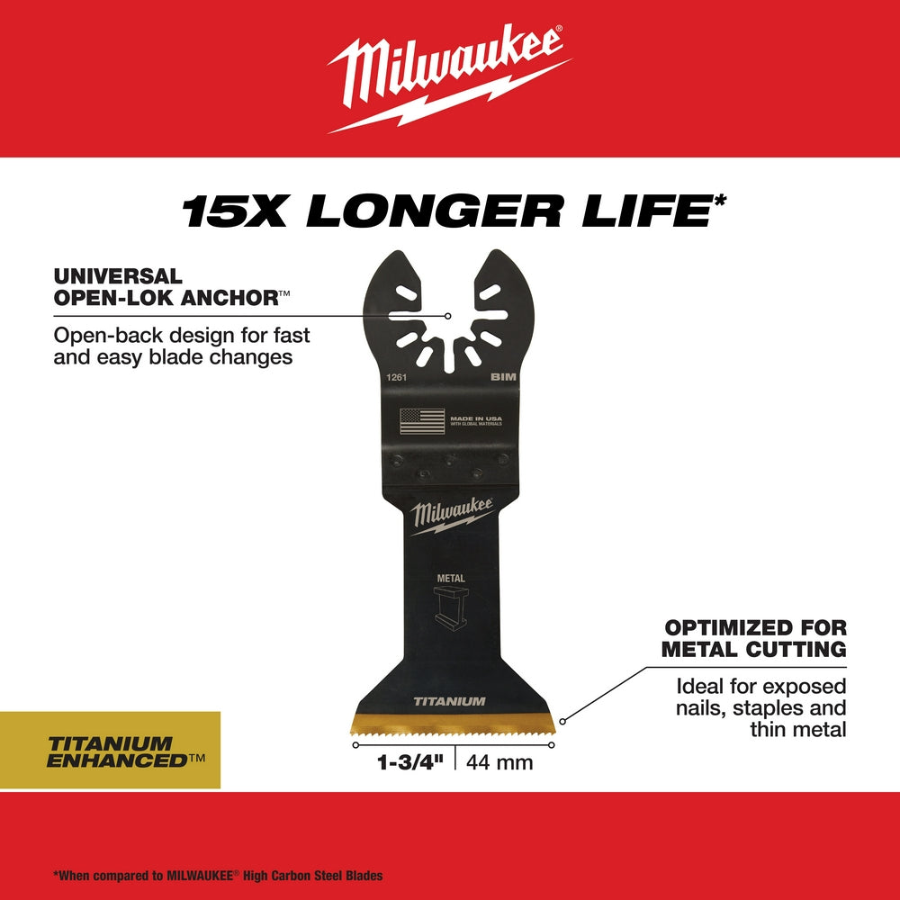 Milwaukee, 49-25-1261 MILWAUKEE® OPEN-LOK™ 1-3/4" TITANIUM CHARGED™ Bi-Metal Multi-Material Multi-Tool Blade