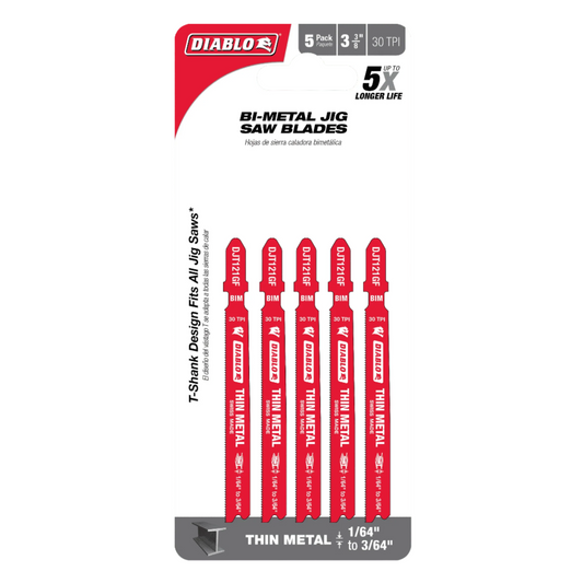 Diablo, DJT121GF5 Bi-Metal T-Shank Jig Saw Blades for Thin Metal 5 Pk