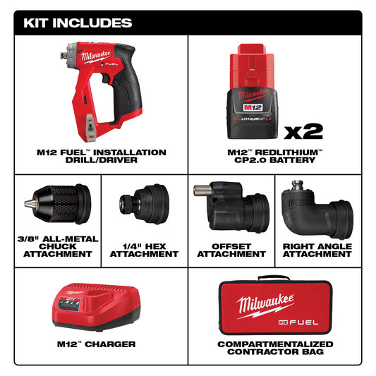 Milwaukee, 2505-22 M12 FUEL 12 Volt Lithium-Ion Brushless Cordless Installation Drill/Driver Kit