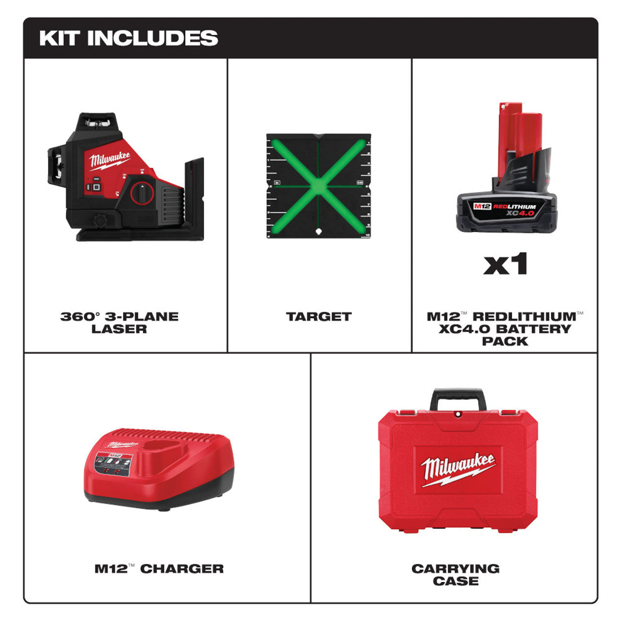 Milwaukee, 3632-21 M12™ Green 360° 3-Plane Laser Kit