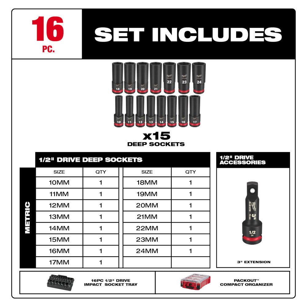 Milwaukee 49-66-6803 - SHOCKWAVE Impact Duty Socket 1/2in Dr 16PC MM PACKOUT Set