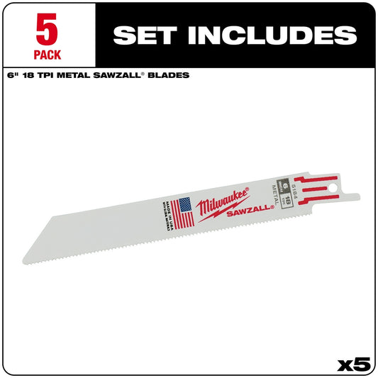 Milwaukee, 48-00-5184 6" 18 TPI SAWZALL® Blades (5 Pk)