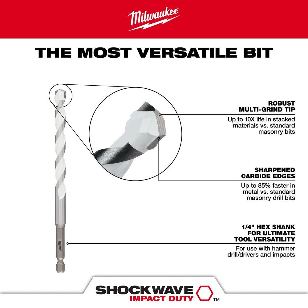 Milwaukee, 48-20-8886 1/4 in. SHOCKWAVE Carbide Multi-Material Drill Bit