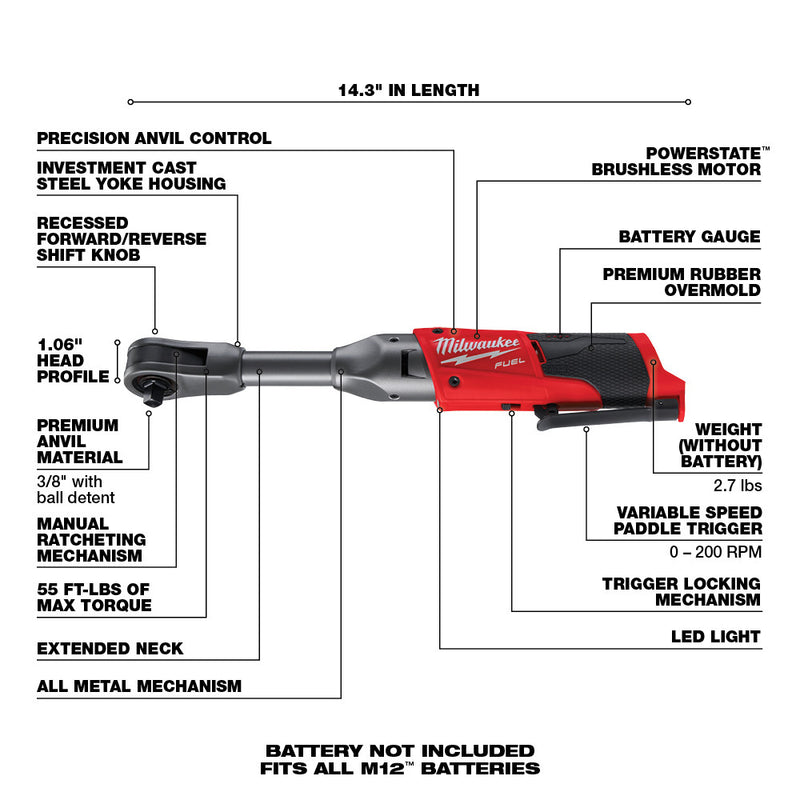 Milwaukee, 2560-20 M12 FUEL 12 Volt Lithium-Ion Brushless Cordless 3/8 in. Extended Reach Ratchet - Tool Only