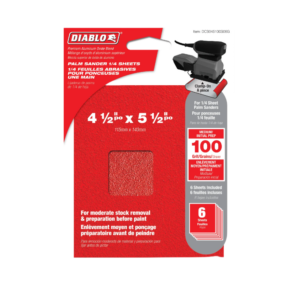 Diablo Ponceuse à paume 4-1/2'' x 5-1/2'' 1/4 feuille grain 100 - 6pk 14829