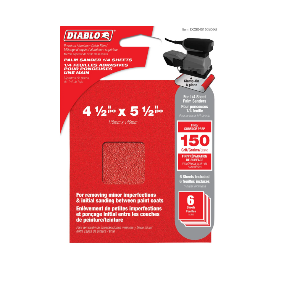 Diablo Ponceuse à paume 4-1/2'' x 5-1/2'' 1/4 feuille grain 150 - 6pk 14832