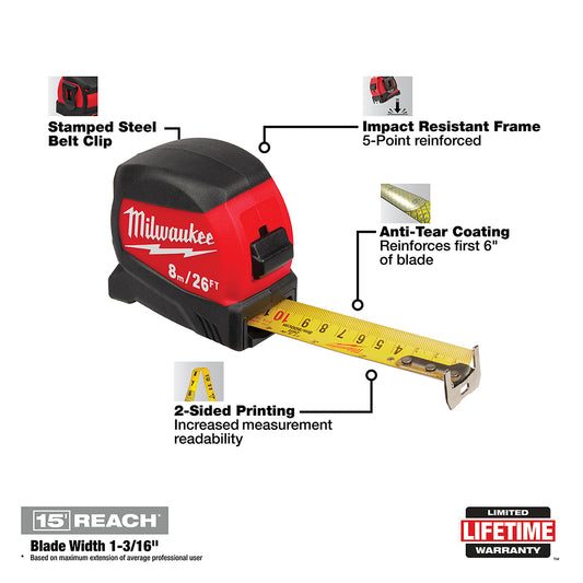 Milwaukee, 48-22-0425 25Ft Compact Wide Blade Tape Measure