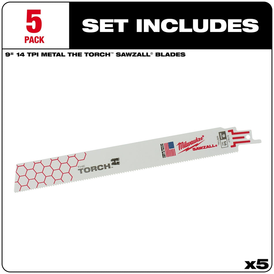 Milwaukee, 48-00-5787 9" 14 TPI Sawzall The Torch Reciprocating Saw Blades - 5 Pack