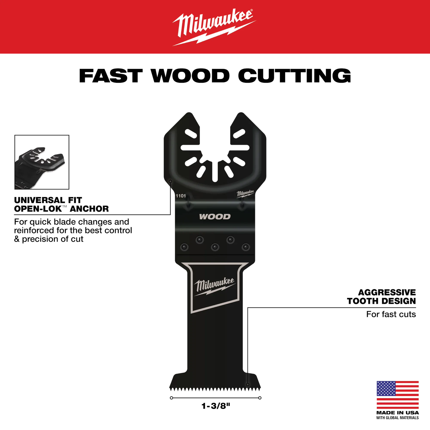 Milwaukee, 49-25-1103 MILWAUKEE® OPEN-LOK™ 1-3/8" HCS Wood Multi-Tool Blades (3 pk)